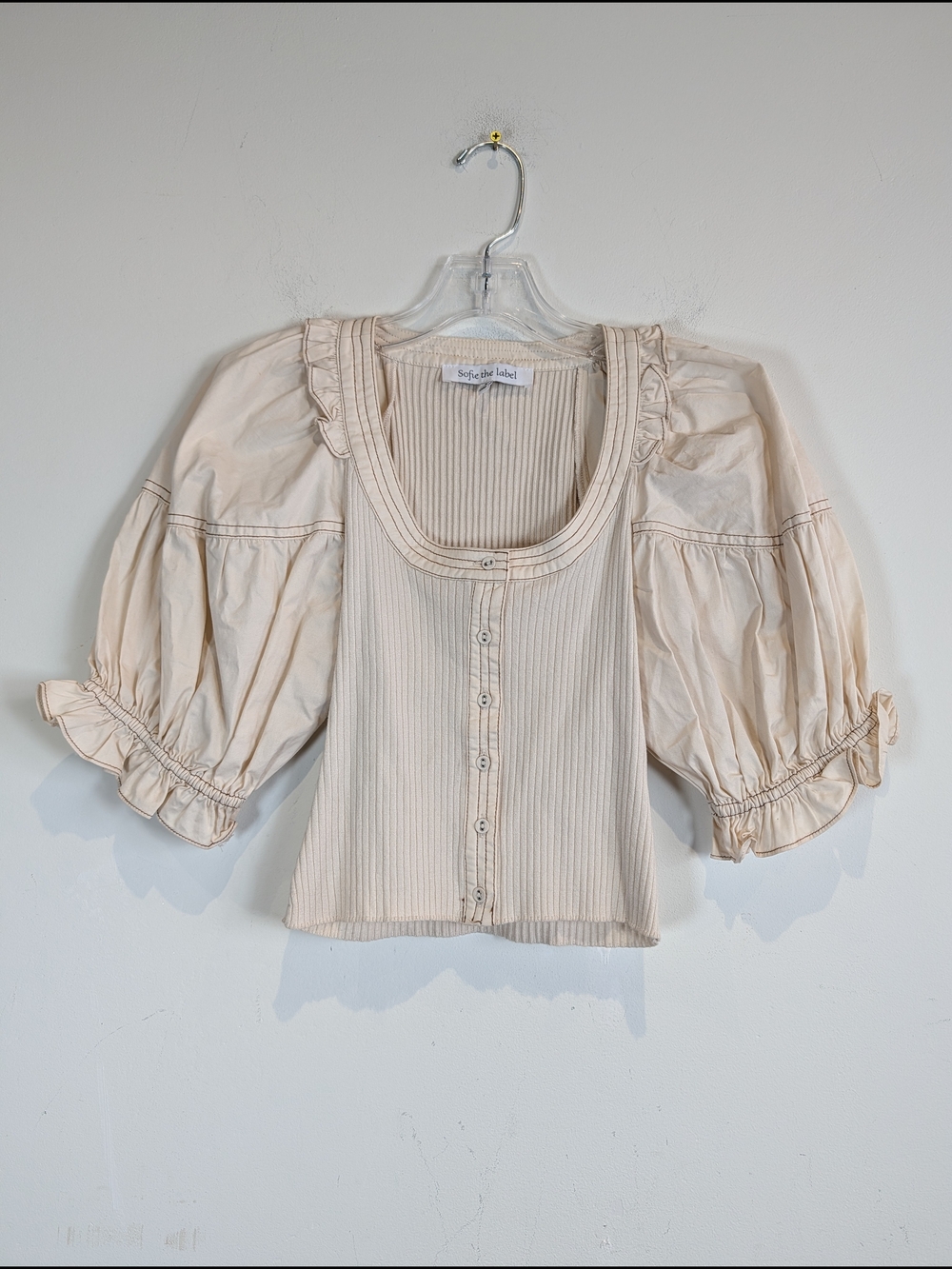 Sophie The Label Audrey Cream Puff Sleeve Button Front Top, Size S